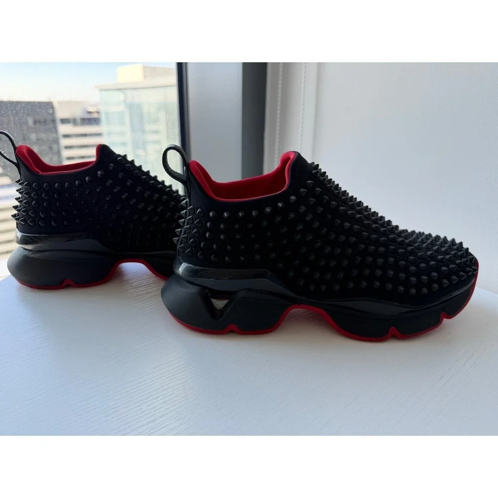Christian Louboutin Neoprene Black Spike Sock Slip-On Sneakers Red Sole EU 38